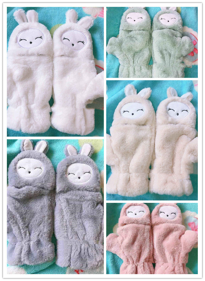 Winter Female Lovely Korean Version Writing Dew Finger Warm And Thick Velvet Gloves