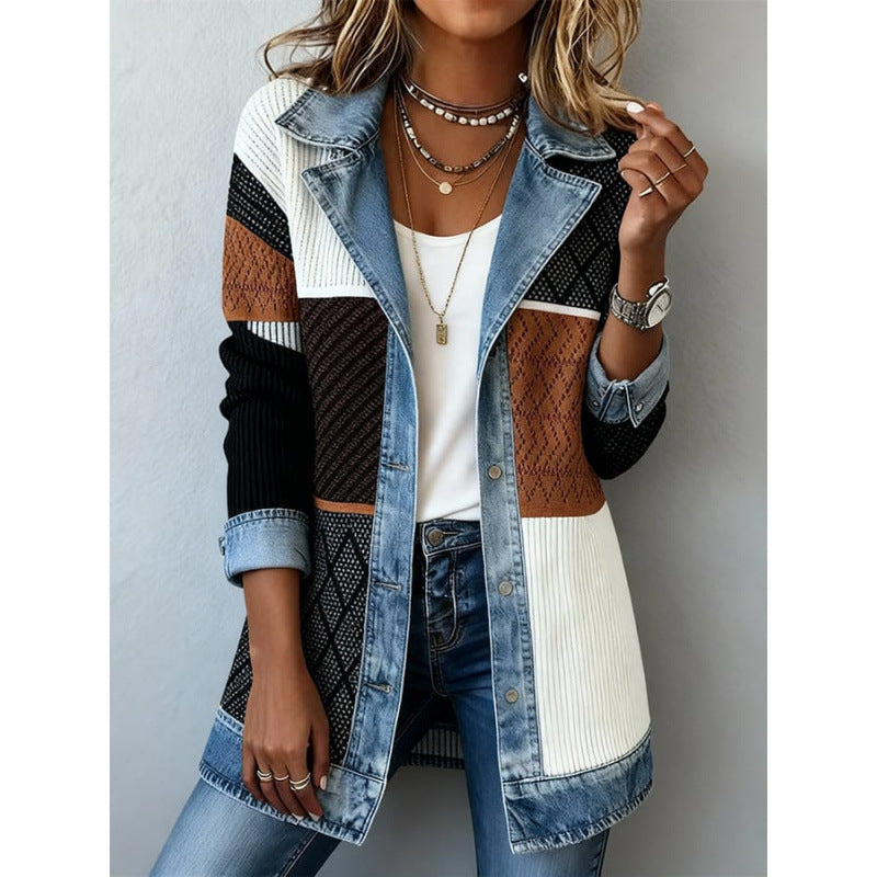 Denim Patchwork Jacket Fashion Commuter Lapel Button-down Long-sleeved Top For Women's Clothing