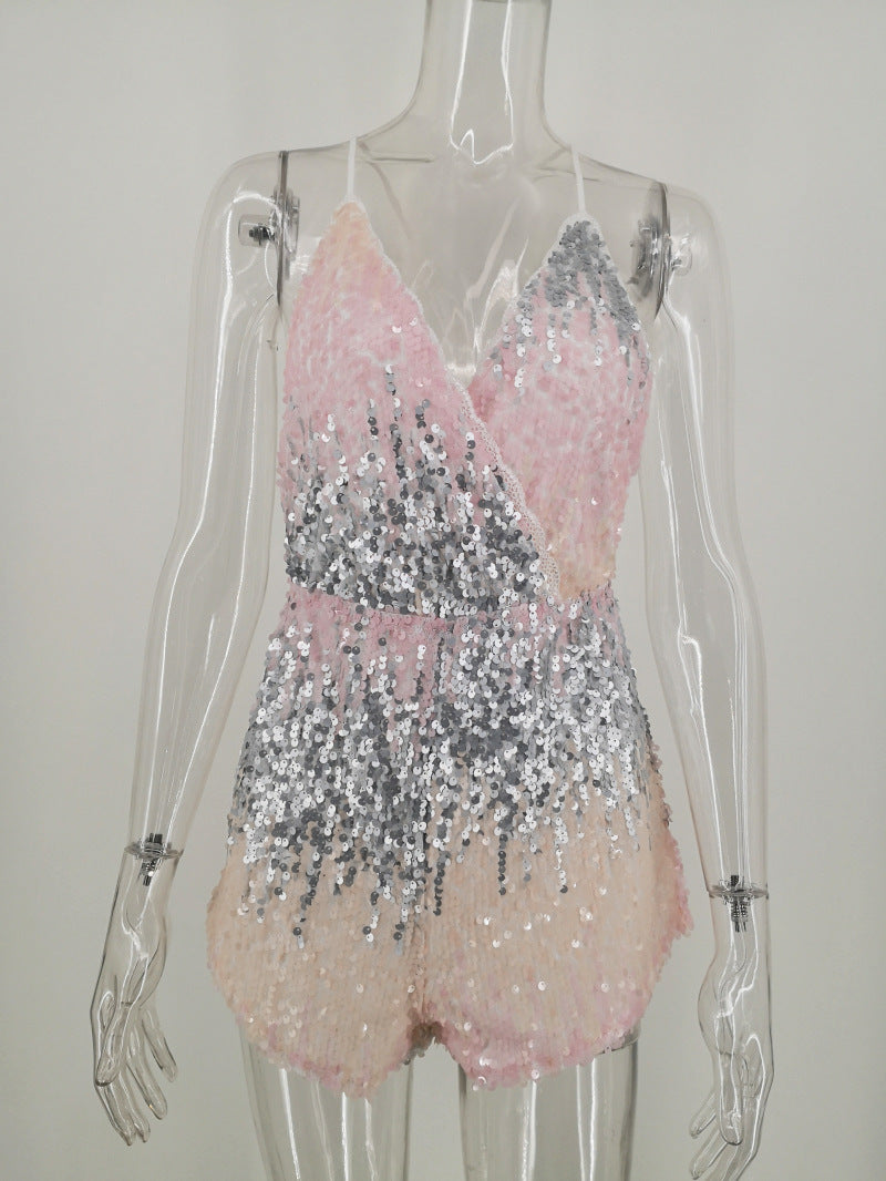 Women's V-Neck Sling Backless Sequin Jumpsuit