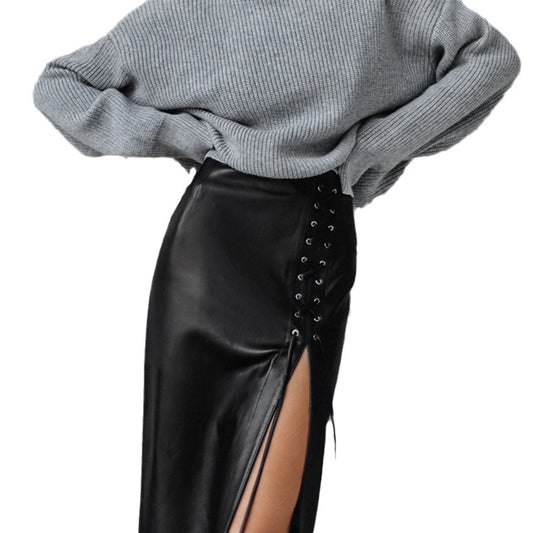 Punk Lace-up Black PU Leather Skirt Women