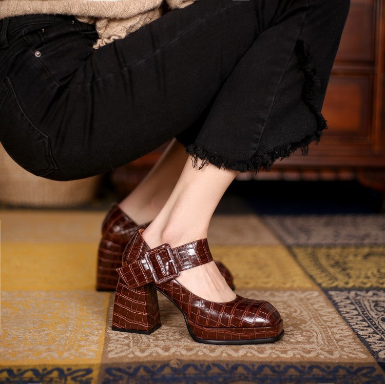 Embossed Cowhide High Heels Women's Thick Heel
