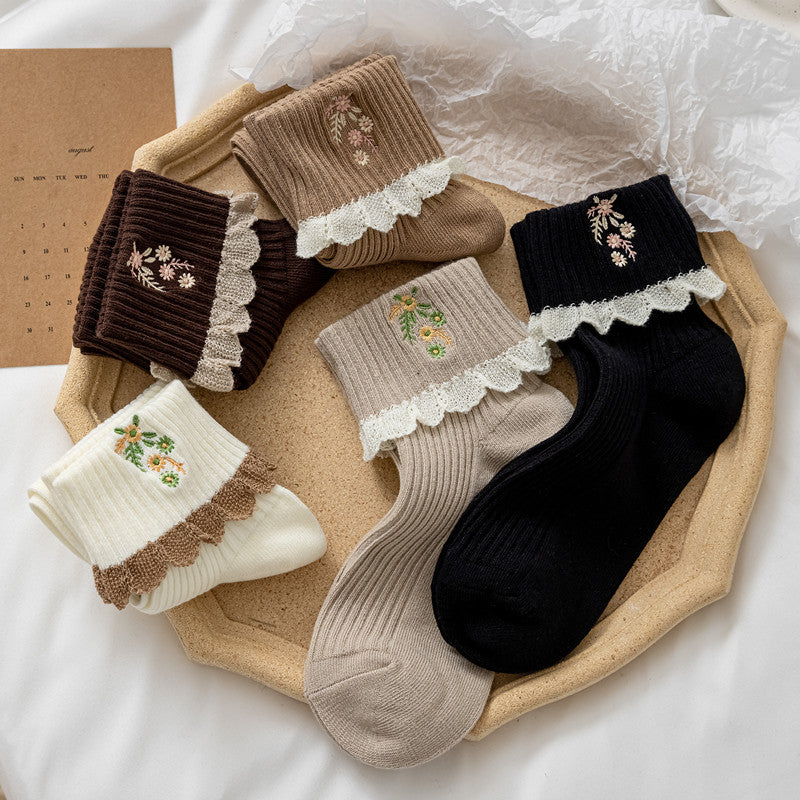 Women's Mid Tube Socks Combed Cotton Edge Embroidery