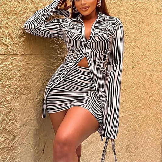 Deep V-neck Striped Single-breasted Shirt And Skirt Two-piece Set
