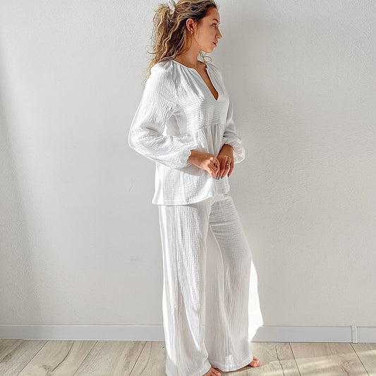 Pure Cotton Comfortable Casual Pajamas Autumn Womens Long-Sleeve Pants Loungewear