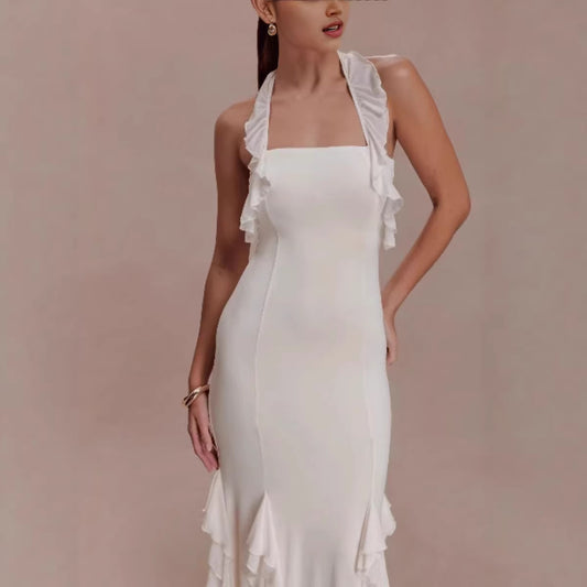 Fashionable Solid-Colored Halterneck Ruffled Sexy Backless Party Dress For Women