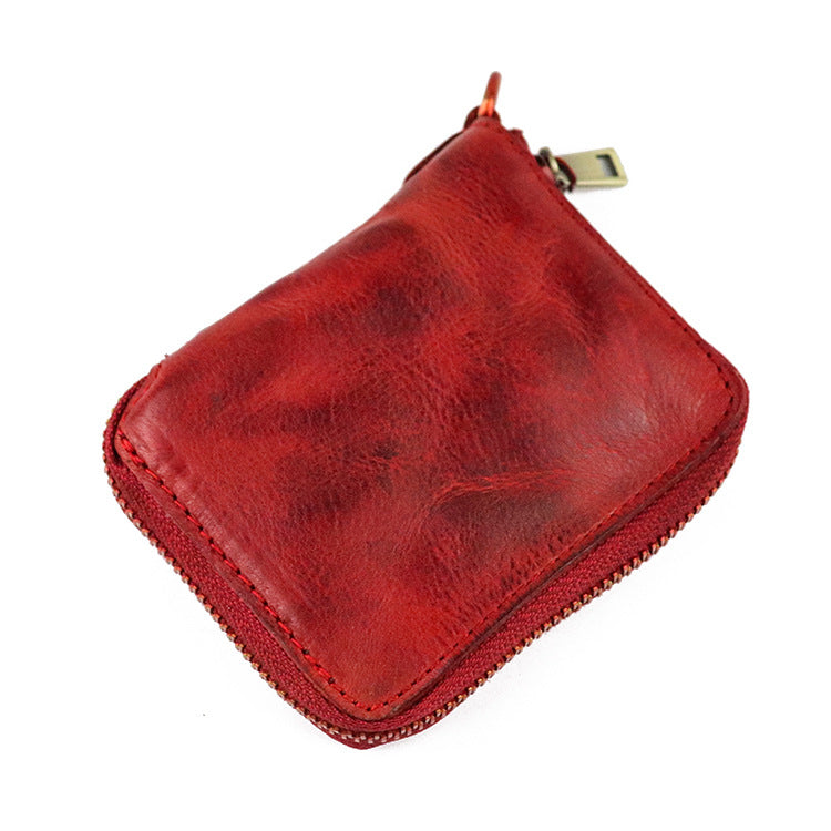 Zipper folding compact vegetable tanned leather wallet