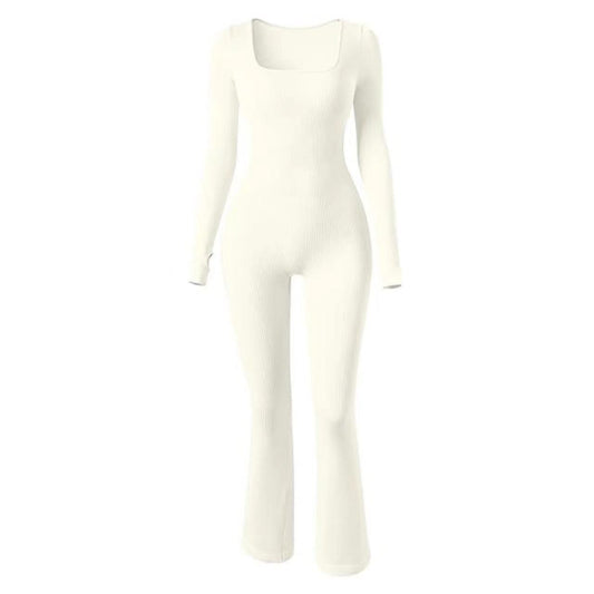 Women Yoga Jumpsuit Rib Sports Long-sleeved Top Bell-bottom Pants