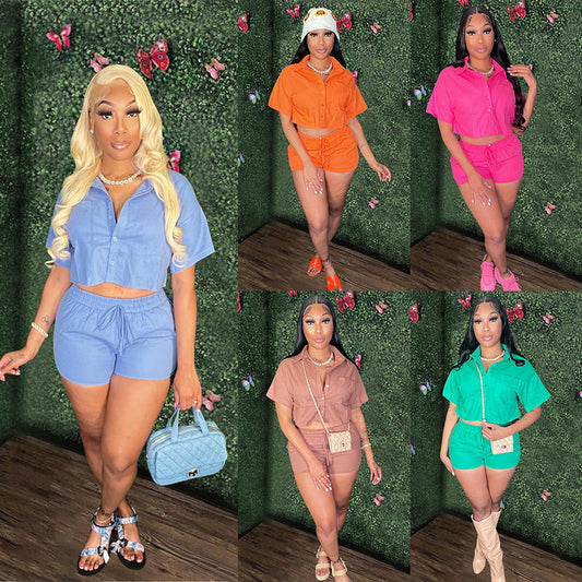 Women's Short-sleeve Shirt Suit Elastic Pocket Shorts