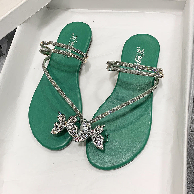 Plus Size Flat Bottom Rhinestone Bow Toe Covering Sandals Women's Outer Wear Fashion