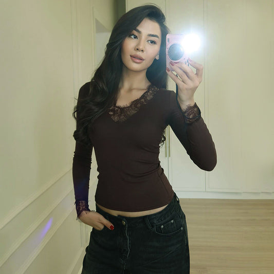 Womens New FallWinter Sexy V-Neck Lace Long-Sleeve Top