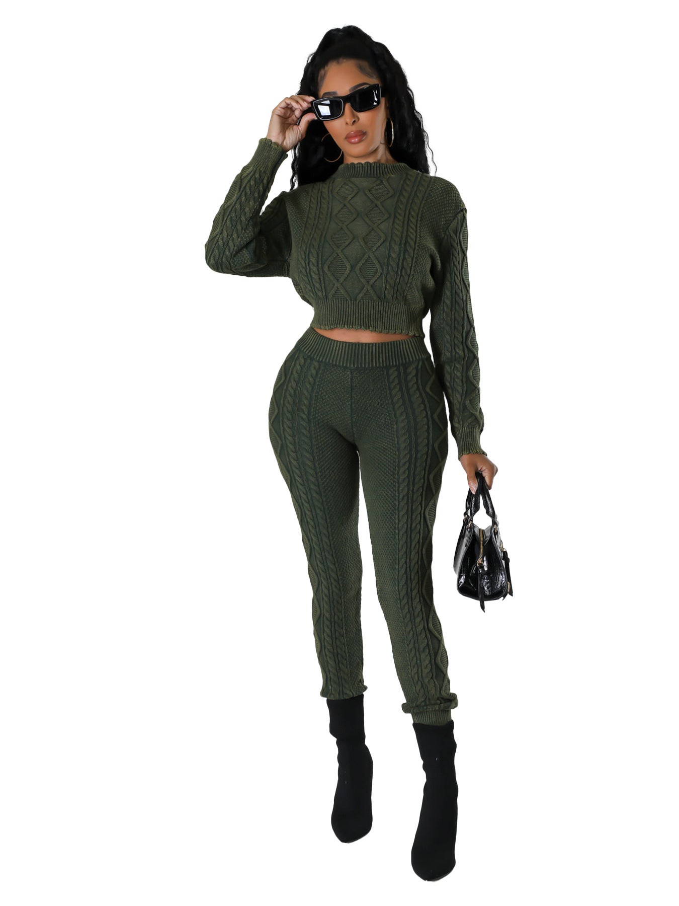 Women's Washable Vintage Knit Diamond Pattern Cable Sweater Set