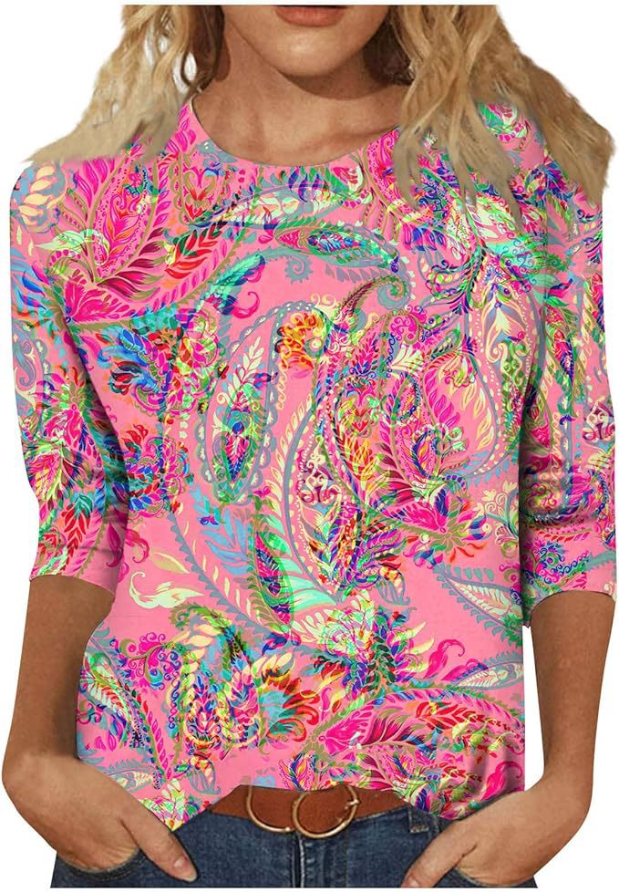 Women's Top Three-quarter Sleeve Summer Ethnic Floral Slim Fit Cute Top Round Neck Slim Fit Printed T-shirt