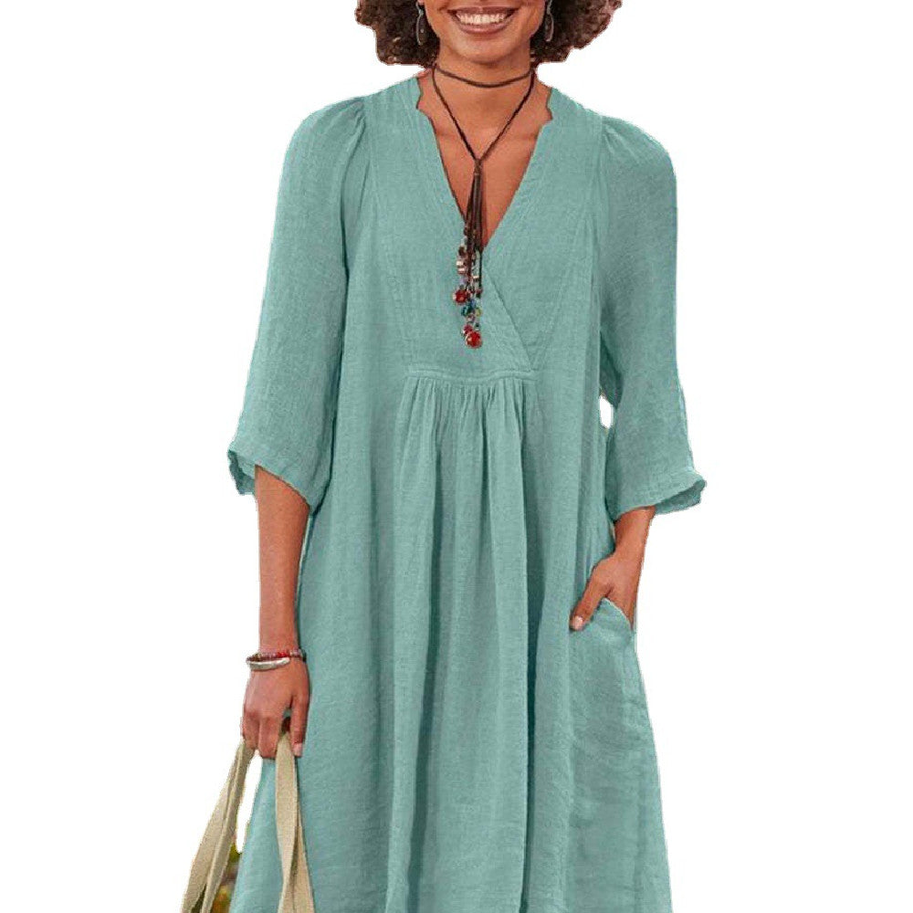 V-neck Loose Casual Pocket Dress For Women