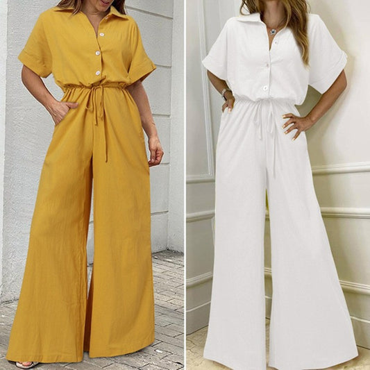 Jumpsuit med reverskrave, høj talje og vide ben – arbejdsdragt
