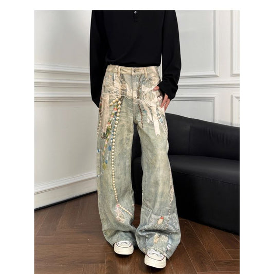 Pearl Lace Jeans Street Straight Loose Casual