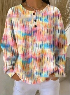 Retro Geometric 3D Digital Print Three-Button Stand-Up Collar Womens T-Shirt Top