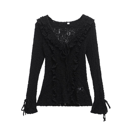 Spring And Summer Women's Long-sleeved Slim Lace Laminated Decoration Top