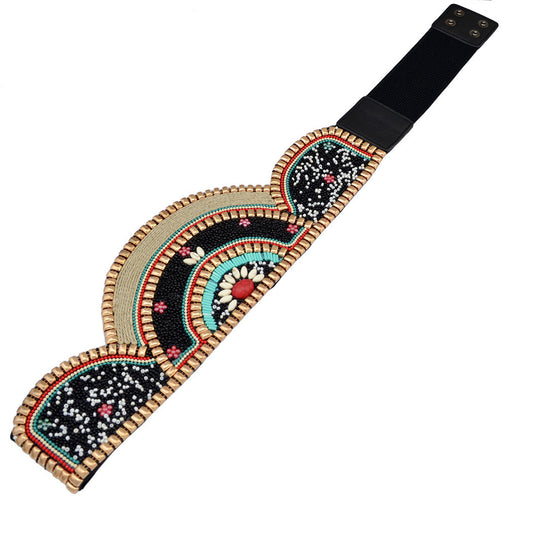 New Autumn And Winter Dress Down Jacket Ladies Wide Waistband Ethnic Style Handmade Exaggerated Rice Beads Metal Texture Belt