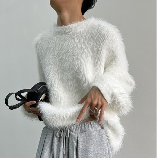 Ensfarvet all-match rundhalset pullover fortykket mink-sweater til mænd