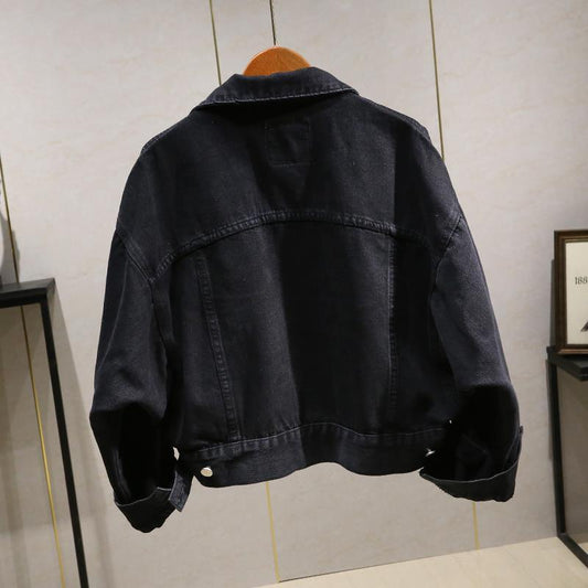Forår og efterår koreansk stil løs denimjakke kvinder alsidig flagermusærmet sort