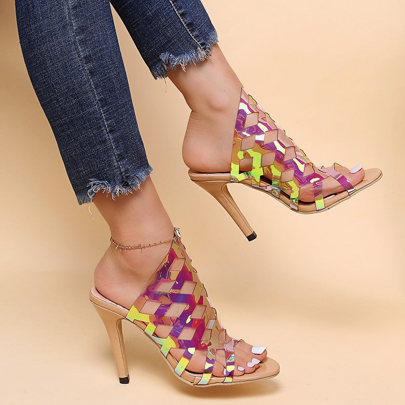 New Fish Mouth Hollow Color Stiletto Cross-border Large Size High Heel Sandals