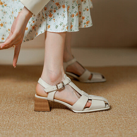 French Style Retro Closed Toe Roman Style Hollow-out Women's Sandals