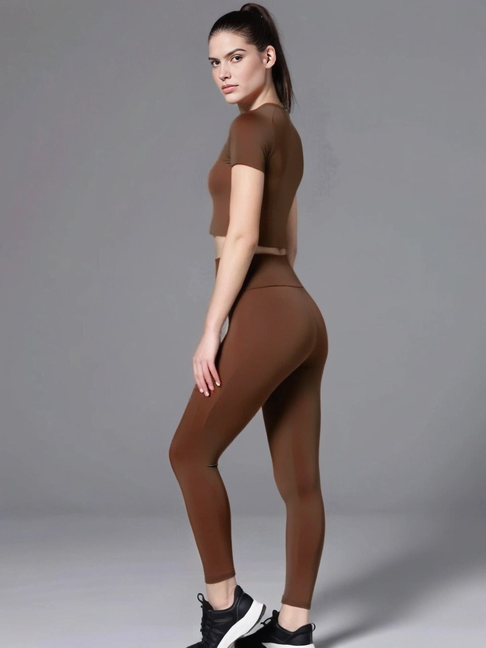 New Solid-color Athletic Yoga Short-sleeve Tight Two-piece Set
