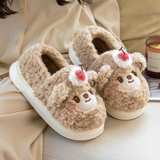 Women's Platform Heel Covered Plush Warm Cherry Bear Cotton Slippers