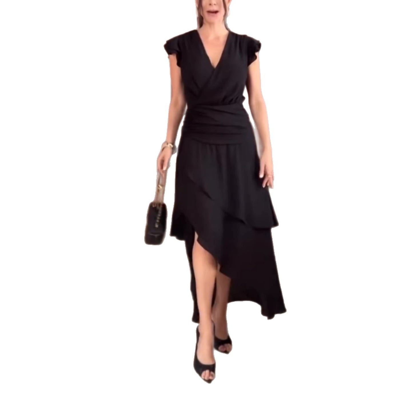Womens Asymmetrical Solid-Color Maxi Dress With Ruffled Cap Sleeves