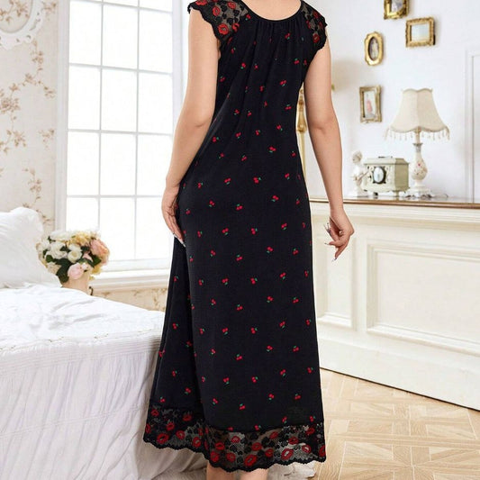 Cherry-print Lace-panelled Sleeveless Dress