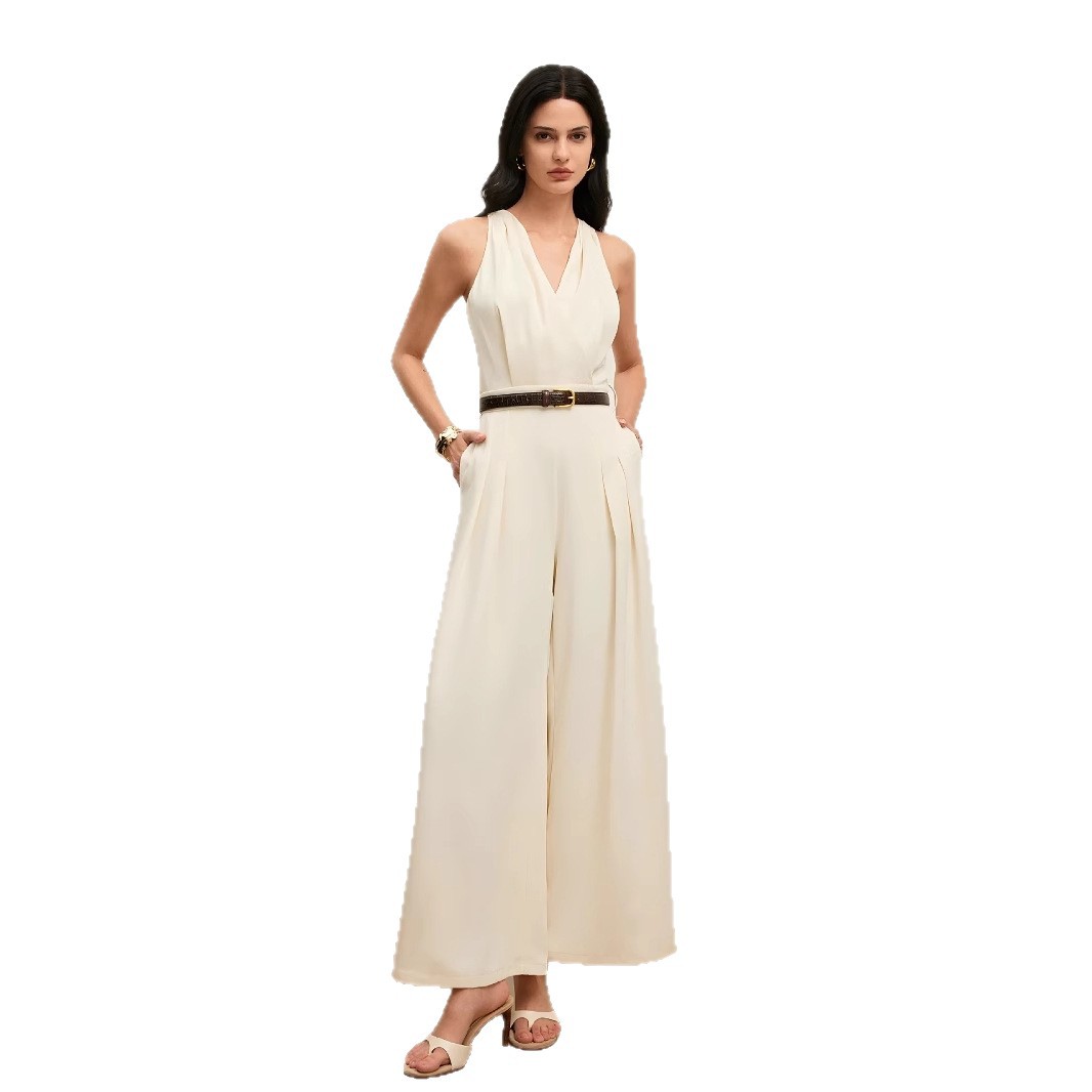 Ensfarvet og V-hals Ærmeløs Fashion Casual Jumpsuit til kvinder
