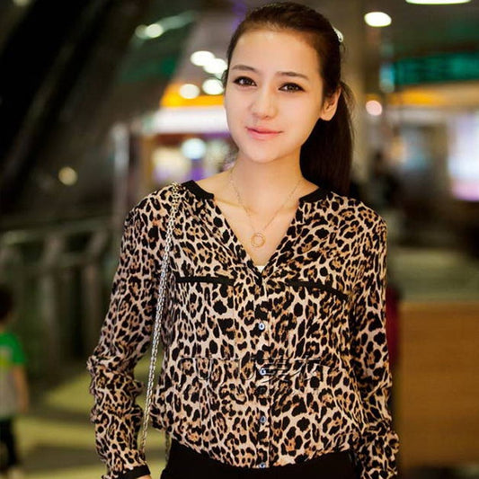 Casual Chiffon Shirt Women's Leopard Print Pattern Anti-DDoS Stand Collar Shirt