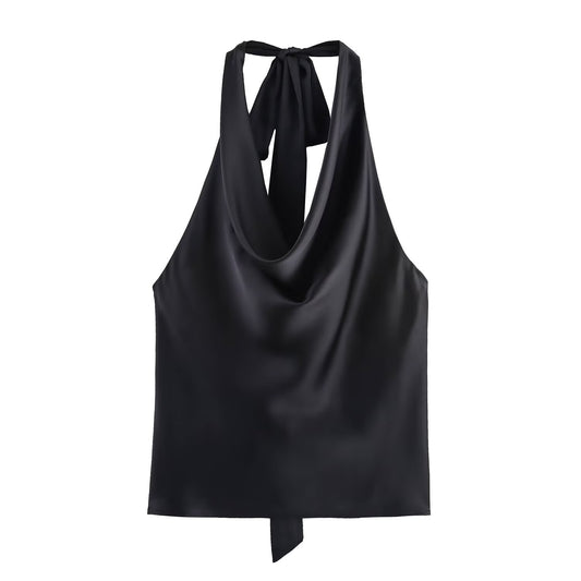 Sexy Backless Bow Halter Top With A Silky Satin Finish