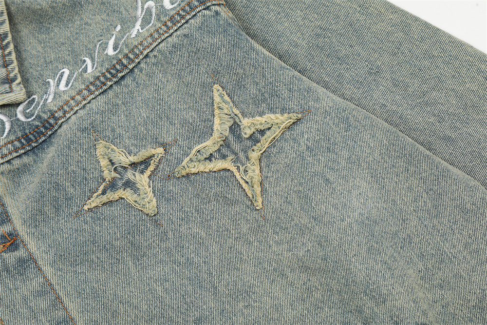 Men's Loose Hoodie Washed And Worn Lapel Denim Jacket Coat American Fashion