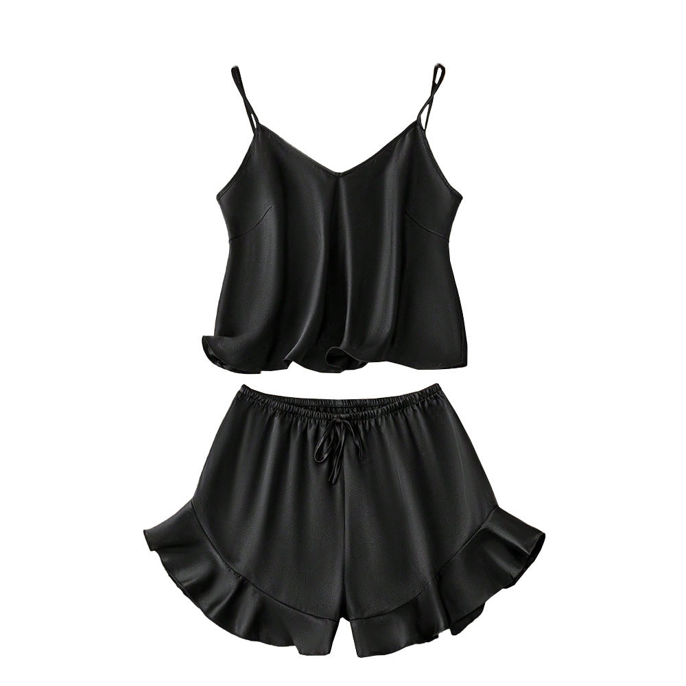AutumnWinter Suspender Pajamas With Ruffle-trimmed Shorts Two-piece Set