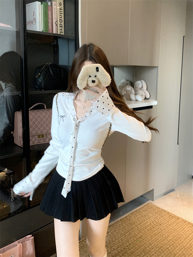 Polka Dot Patchwork Ribbon Long Sleeve T-shirt Women