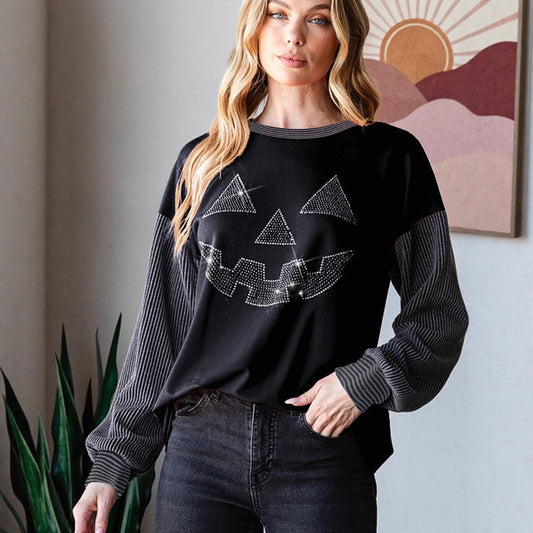 Trøje med rund hals, personlighed, trendy rhinstenssyninger, Halloween-sweater