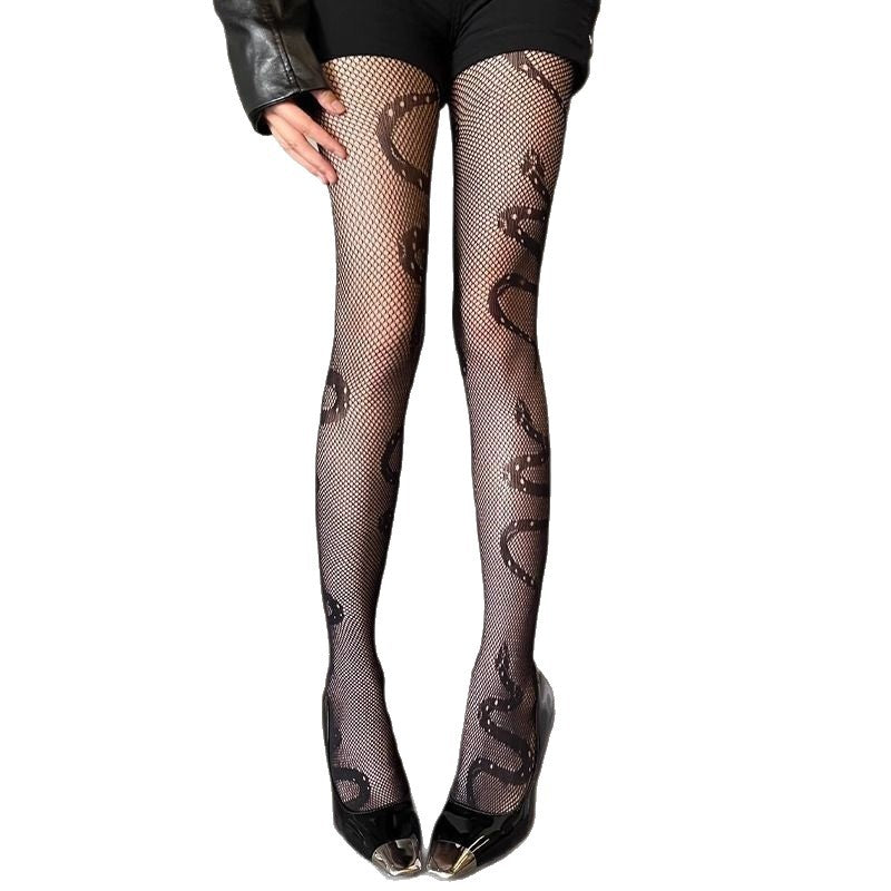 Versatile Black Leggings Mesh Tights For SpringSummer With Hollowed-Out Snake Print