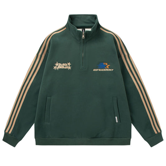 Men's American-style Retro Street Striped With Fleece Lining Half Zipper Jacket