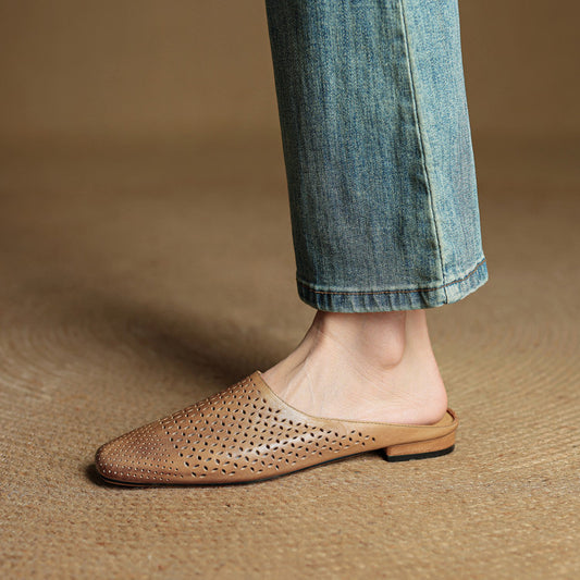 Womens Full-Grain Leather Closed-Toe Half Slippers