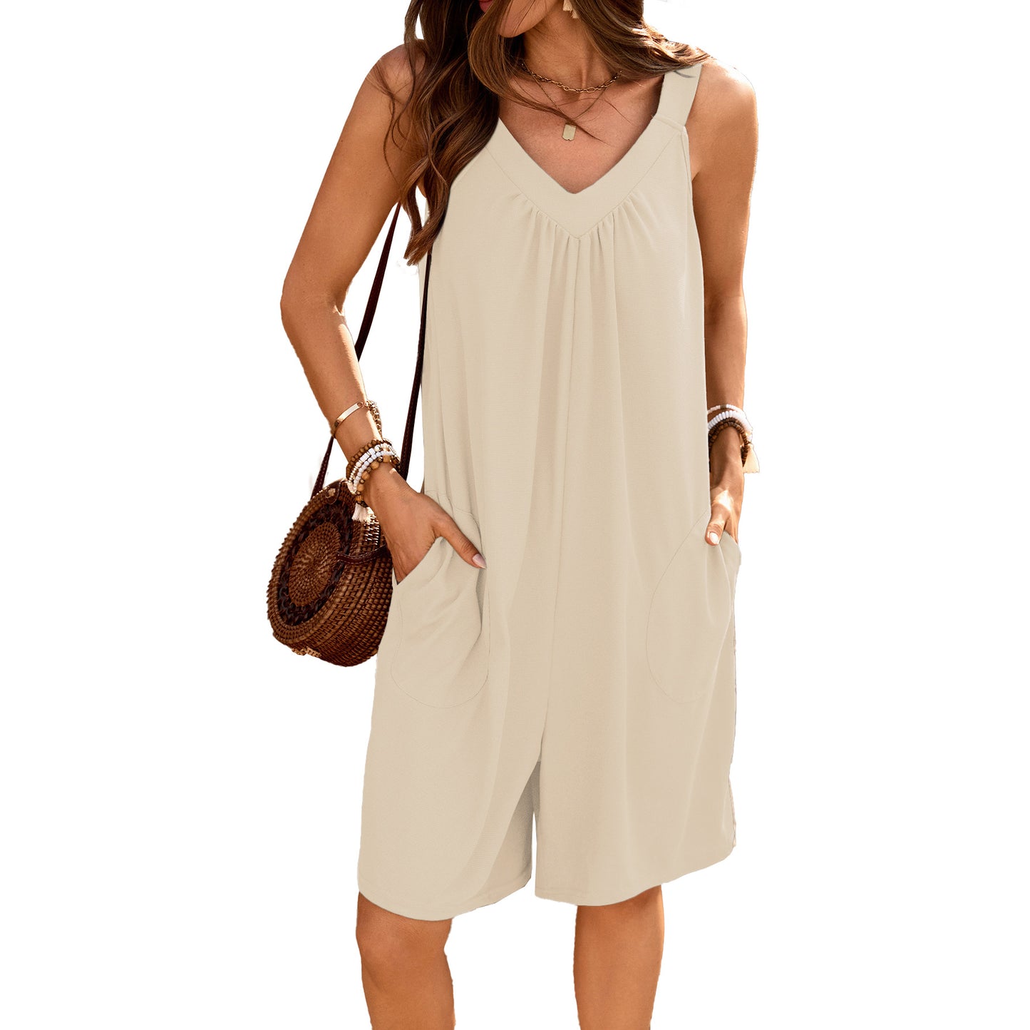 Solid-color V-neck Loose-fit Sleeveless Jumpsuit With Pockets