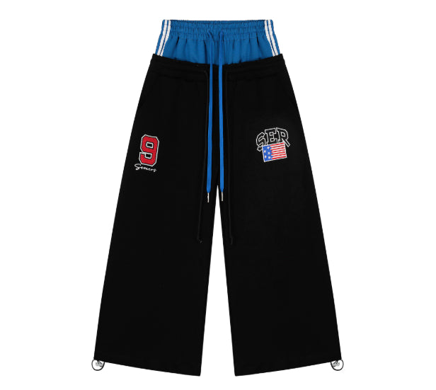 American-style Retro Double-waist Stitching Letter Curved Knife Sweatpants