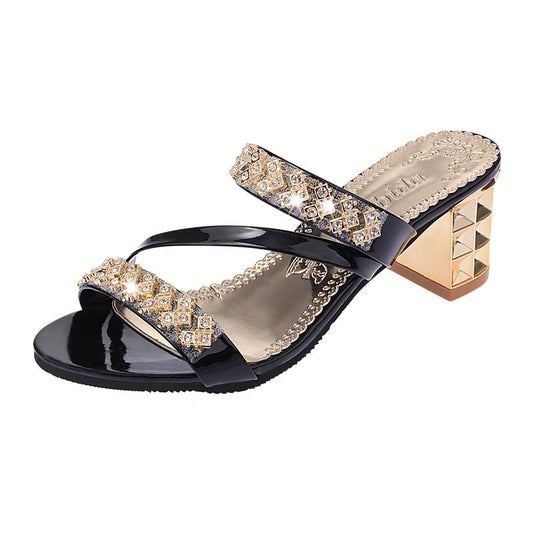Dame Peep Toe Sandaler Sommer Rhinestone Mid Hæl Diamant Sexede Koreansk Stil Chunky Hæl Sko Moderigtige Damesko