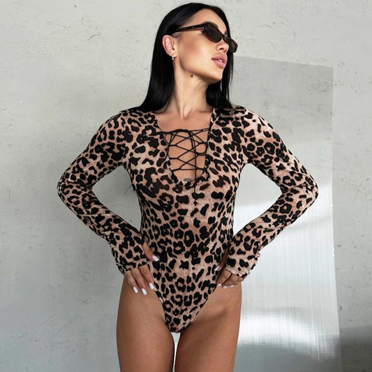 Fall Bestseller V-Neck Fashionable Leopard-Print Long-Sleeve Jumpsuit With Drawstring Ties