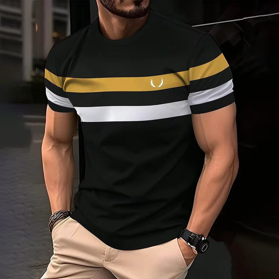Geometric Contrasting Striped 3D Printed Mens Loose Breathable Crew Neck T Shirt