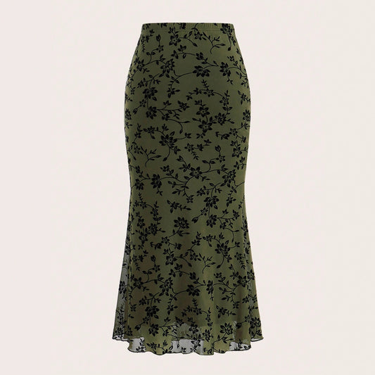Dark Green Floral Half-length Fishtail Skirt For Women