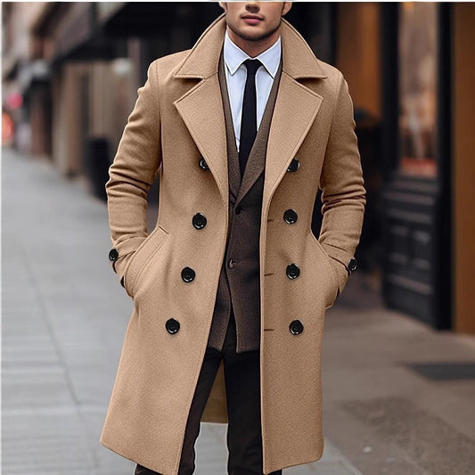 Men's Solid Color Mid-length Wool Coat Korean Style Double-breasted Jacket