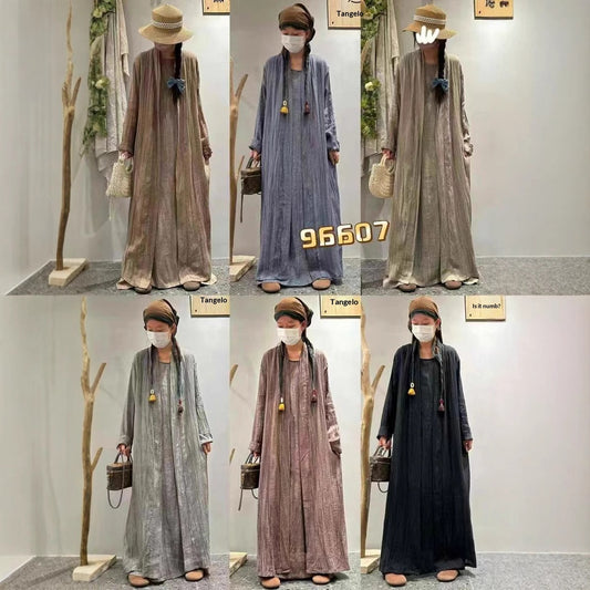 Solid-color Pleated Linen Vest Dress Long Coat Two-piece Set