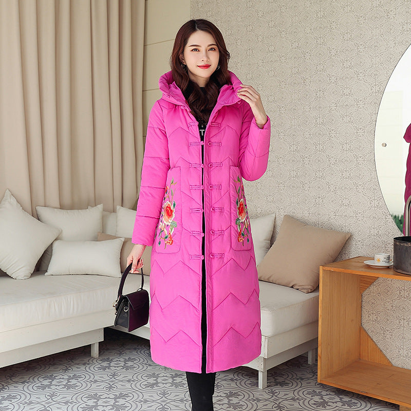 Winter New Vintage Cotton-padded Jacket Ethnic Embroidery Ladies Below The Knee Cotton Clothes