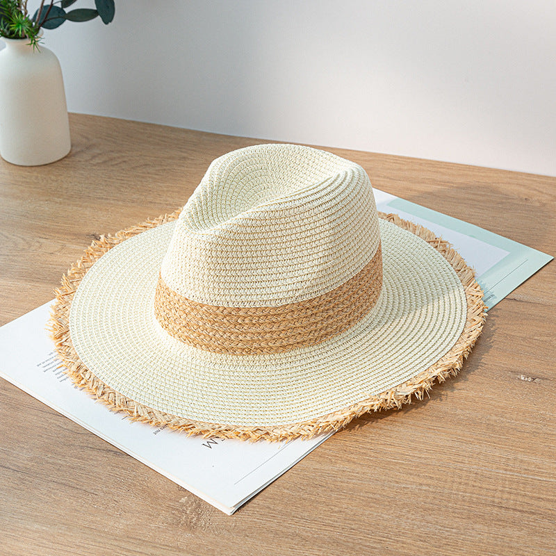 Women's Retro Color Matching Raw Edge Sun Protection Straw Hat